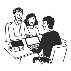 Happy future house buyers meeting real estate agent. Professional realtor talking to clients and offering flats options on computer. Smiling couple consulting bank worker or loan broker at her office