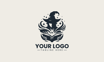 Fototapeta premium Vector logo of a wizard silhouette reading spellbook and holding magical glowing staff in fantasy illustration design