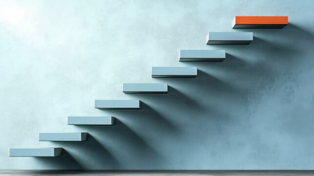 Orange stairs symbolize upward steps of progress, growth, and development leading to career success, achievement, and ultimate goal against a bold wall backdrop.