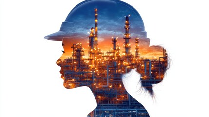 Silhouette of female engineer wearing hardhat in oil, energy, and power industry at factory and refinery represents innovation, safety, and dedicated worker commitment