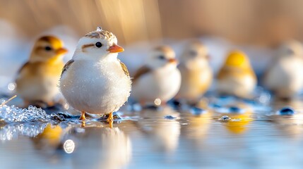 Fototapeta premium Small Birds Standing in Water Reflecting Light Close Up