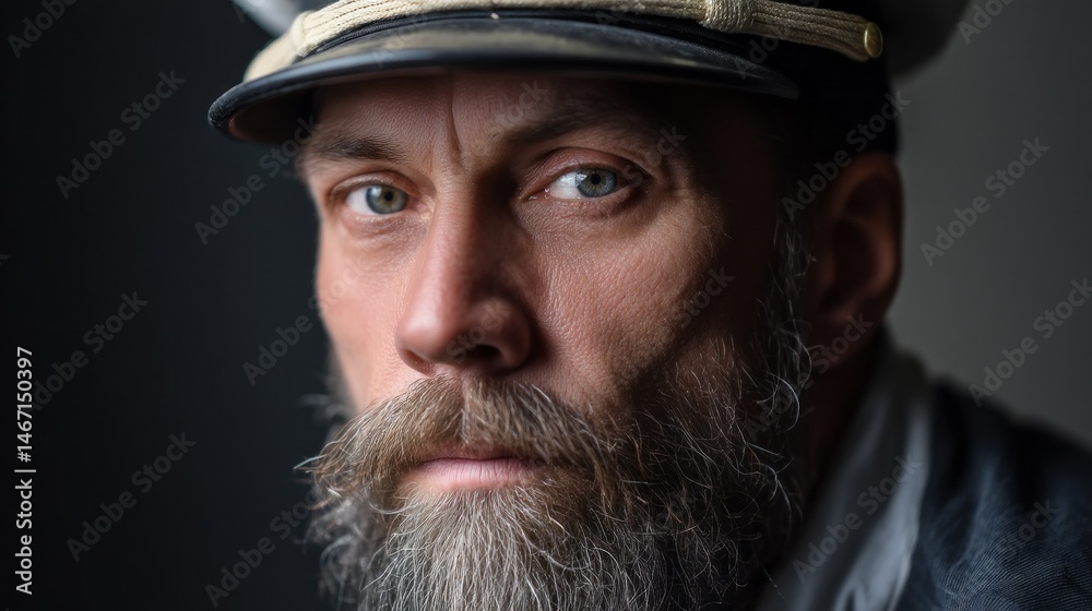 Poster a man wearing a military hat has a neatly groomed beard and is focused on something off-camera. the 