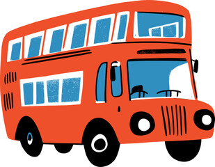 Bright red double-decker bus cartoon isolated on transparent background. Vector illustration.