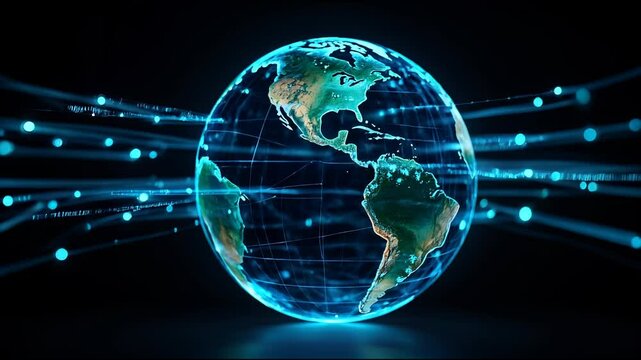 blue world map, 3d animation of global data transfer, internet and telecommunications, data transfer, processing and storage, visualization of global data transfer, internet communication  - Powered by Adobe