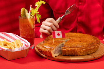 Canada Day traditional food concept. A girl in a classy cafe eats in Canada. Breakfast and lunch.