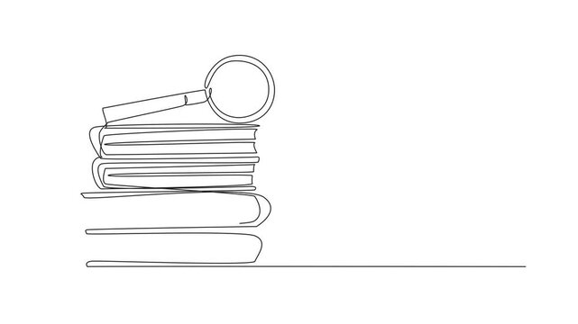 National Thesaurus Day. Annual celebration event. Animated self drawing of one single line drawing of thick text book stack with magnifying glass above. Educational. Full length single line animation