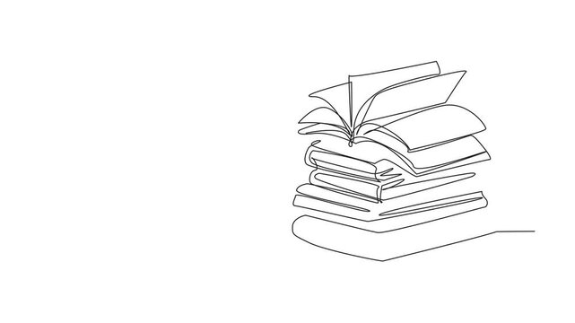 National Thesaurus Day. Self drawing animation of one single line stack of books with open page book above it. High educational concept. Continuous line self drawing animated. Full length motion