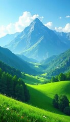 Obraz premium Rolling green hills against a backdrop of majestic mountains, horizon, cliff, ridge