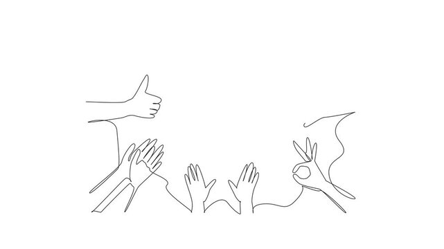Animated self drawing of single one line drawing several hands with several kinds of gestures. Get recognition and praise. Positive aura. National Screenwriters Day. Full length single line animation
