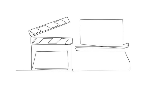 Self drawing animation of single one line drawing clapper and typewriter side by side. Creates scripts. Helps synchronize images and sound. Equipment. National Screenwriters Day. Full length animated