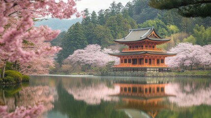 Fototapeta premium Pagoda Hidden Among Cherry Blossom Trees Garden