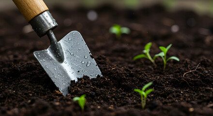 Fresh Sproutlings Emerge From Rich Soil With A Wet Trowel Tool