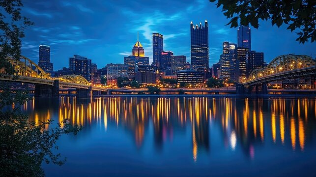 City skyline reflected in tranquil water at twilight.