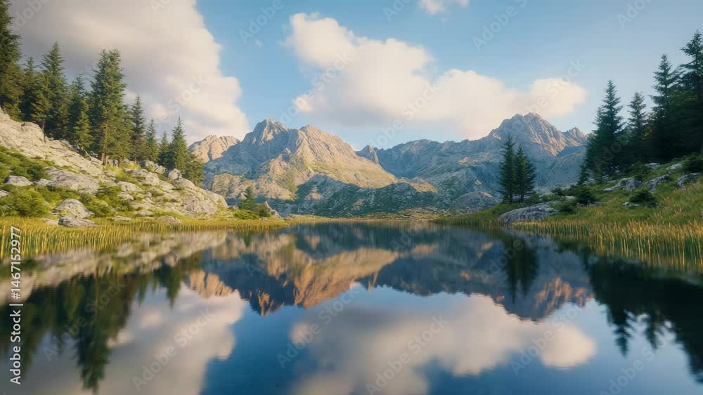 Poster crystal clear mountain lake mirroring surrounding peaks and lush vegetation under a dynamic cloudy s