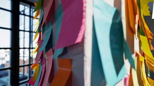 Colorful sticky notes cover office wall in bright sunlit workspace