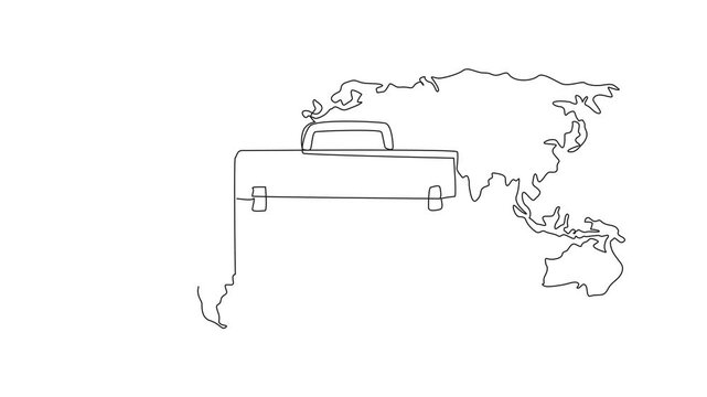 Self drawing animation of single continuous line drawing briefcase with world map background. Business trip abroad. Conducting comparative study assignments. International Full length animated