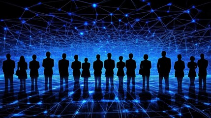 Silhouetted figures in a connected blue digital space reflecting light and technology symbolizing collaboration and future innovation