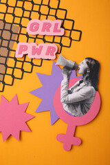 Half tones of strong women raising fists. The power of femininity. Illustration of women’s resistance. Modern collage with hands. Fancy vintage pieces of newspaper. Concept of female strength.