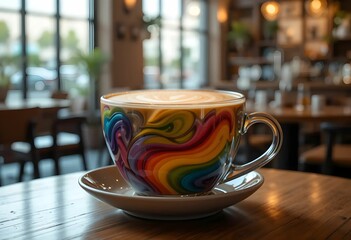 Coffee latte art in a rainbow swirl pattern, cozy cafe atmosphere. LGBT symbols.