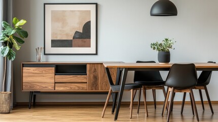 Modern dining room, wooden table, minimalist decor, plant, wall art, home interior design