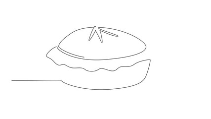 Animation of continuous line drawing pie seen from the side. Fresh from the oven. Enjoy immediately while it's warm. Delicious. National Pie Day. Single line self drawing animated. Full length motion