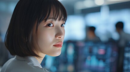 Naklejka premium データ監視室で振り返るショートボブの女性
