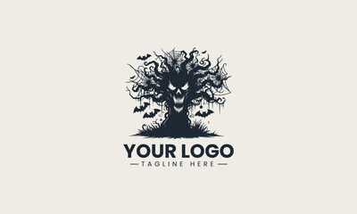 Obraz premium Creepy gnarled tree silhouette with a scary face in dark vector logo illustration design