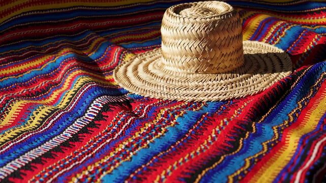 Vibrant mexican blanket and straw hat in colorful sunlit pattern shifts