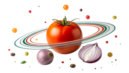 A cosmic culinary scene: A tomato planet orbited by rings of spices, with onion moons in a vibrant space.