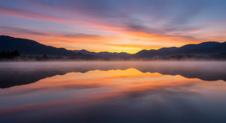 Fototapeta premium Dreamy Landscape Scene With Sunrise Over Mountain And Lake Reflection