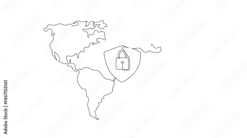 Poster self drawing animation of single continuous line drawing the shield and padlock with world map backg