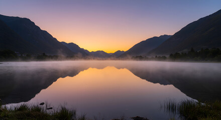 Fototapeta premium Tranquil Lake Reflection Surrounded By Mountains During Peaceful Dawn