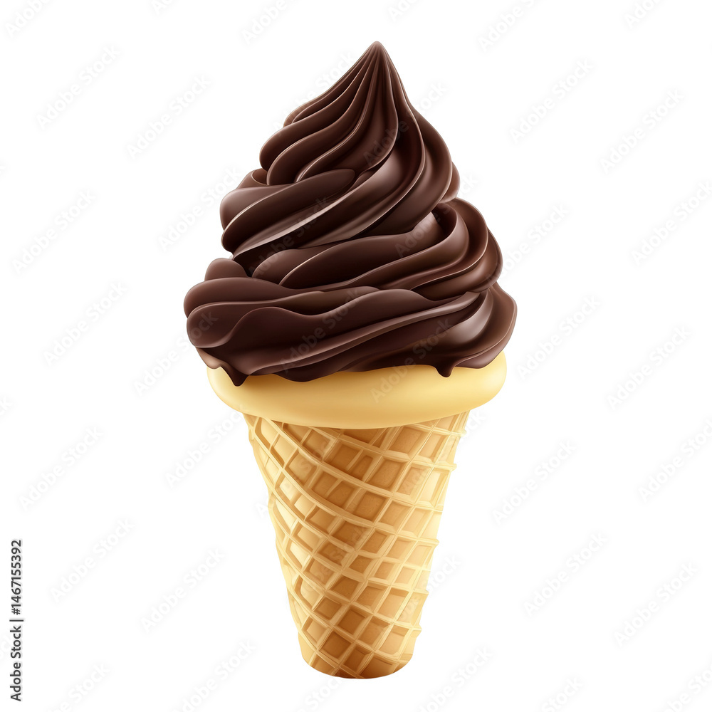 Poster delicious chocolate soft serve ice cream presented in a crisp waffle cone against a clean backdrop