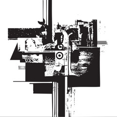 Fototapeta premium A fragmented black and white abstract composition features geometric shapes and textured overlays.