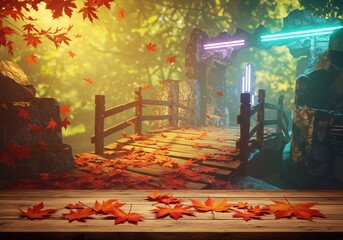 Autumnal Wooden Bridge Mystical Forest Scene. AI Generated