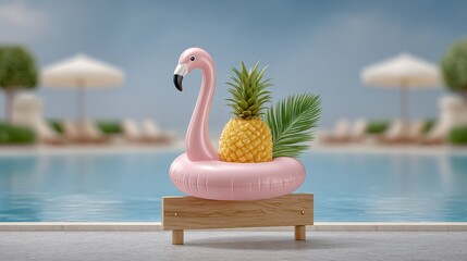Obraz premium Vibrant pink flamingo and yellow pineapple inflatable floats drifting in a picturesque pool surrounded by lush tropical greenery and sun loungers creating a serene and playful summer scene