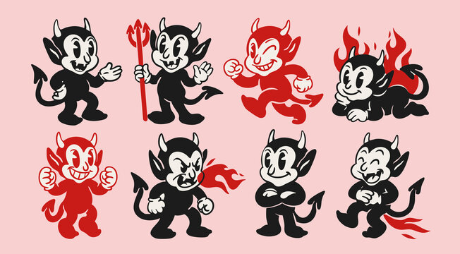 Cute little Devils set. Funny black, red characters with fire, flame, trident. Different poses. Hand drawn Vector illustration. Halloween, retro, vintage, cartoon mascot concept. Isolated elements