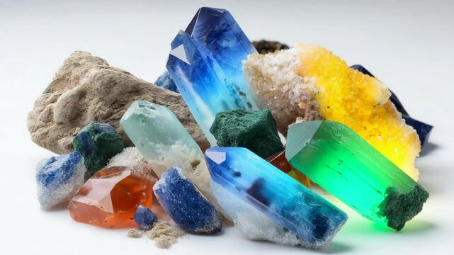 Variety of colorful rough crystals, including quartz, tourmaline, and topaz specimens arranged on white surface.