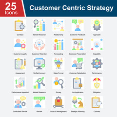 Customer Centric Strategy is a collection of icons focusing on strategies and processes that prioritize customer relationships, loyalty, retention, and satisfaction to improve business performance.