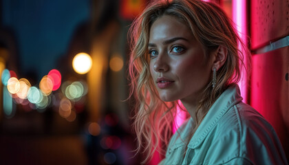 Young woman looking thoughtfully in neon-lit urban setting