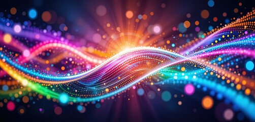 abstract vibrant digital art with neon glowing swirls, rainbow gradients and dynamic colorful dots, luminous psychedelic background