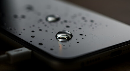 Water Droplets On A Sleek Smartphone Surface In Dark Low Light
