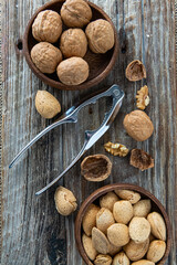 Rustic Nut Mix Overhead. Closeup of healthy snack ingredients in bowls.