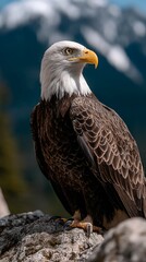 Obraz premium Majestic bald eagle perched on a rocky outcrop against a backdrop of snow-capped mountains