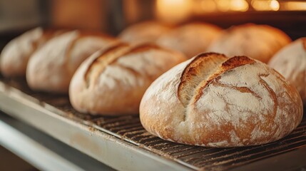 Freshly baked loaves of bread cooling on a rack in a bakery oven, golden and crusty.
