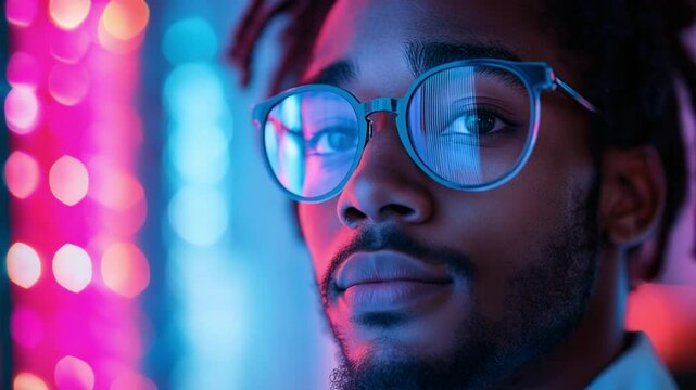 A close-up portrait of a thoughtful person with glasses is illuminated by vibrant, colorful lights.