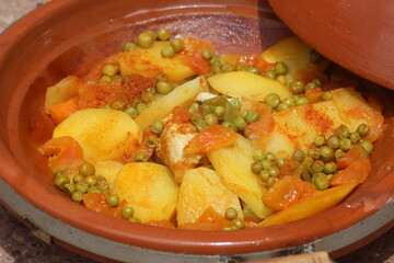 Fresh Moroccan Tajine or Tagine Close Up, Fresh Homemade Tajine with Vegetables