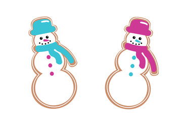 Vector gingerbread Christmas two snowmen cookie design elements isolated on white. background. Vector Christmas decoration. Gingerbread. Isolated Snowman Gingerbread Cookie Design Element. 