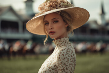 Stylish women wearing floral dresses and wide-brimmed hats at a horse racing event, capturing the fashion and culture of Preakness Stakes or Derby Day.
