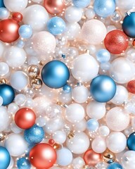 A dense collection of pastel-toned Christmas ornaments in white, blue, and coral hues, creating a festive and visually appealing background